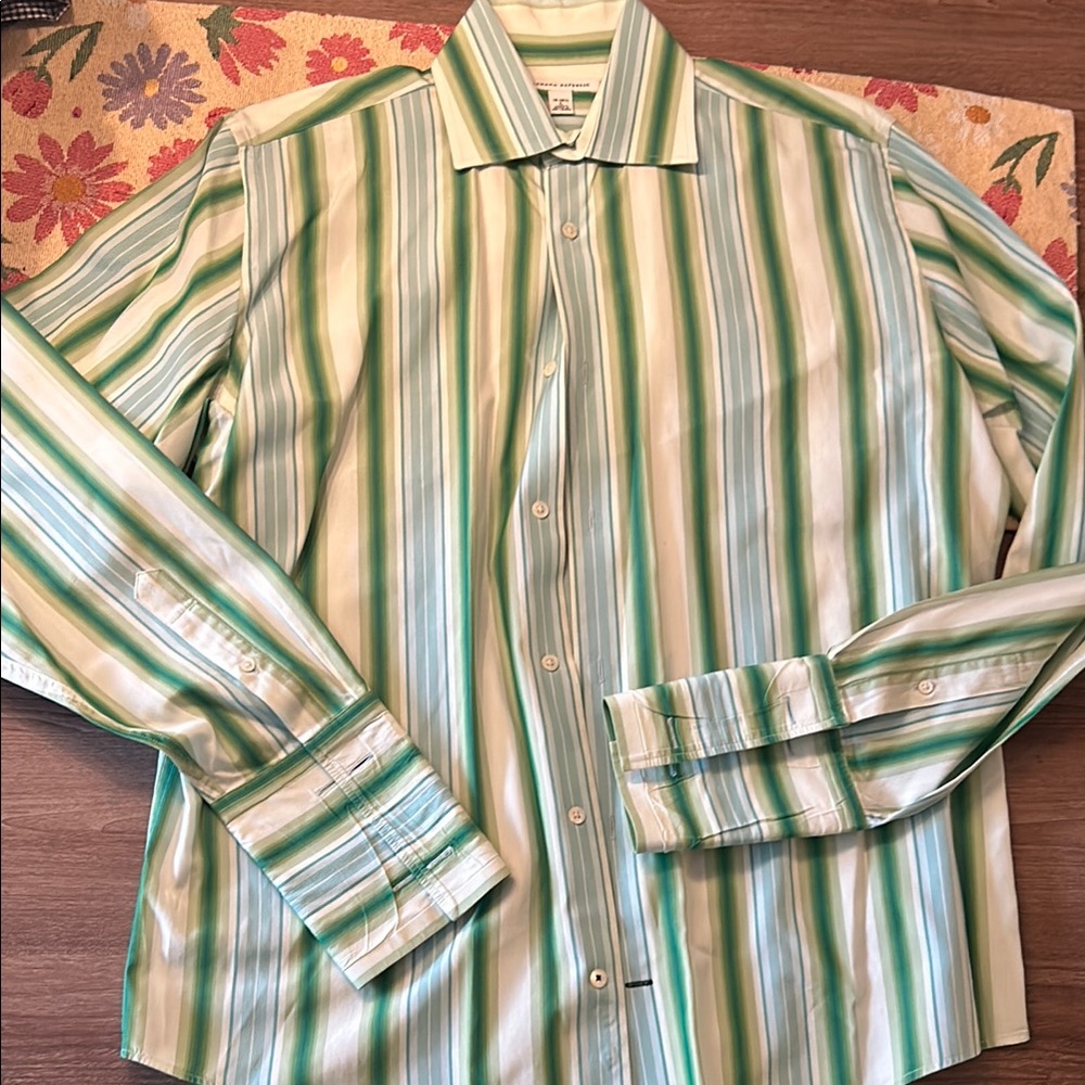 Banana Republic Green and White Striped Casual Shirt